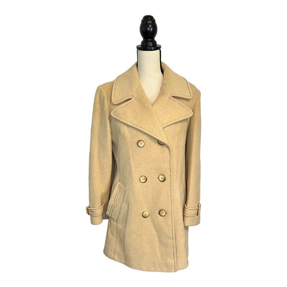 Vintage Womens Unbranded Wool Long Peacoat Camel Union Made Gold Stitching SZ 12 - Picture 2 of 7